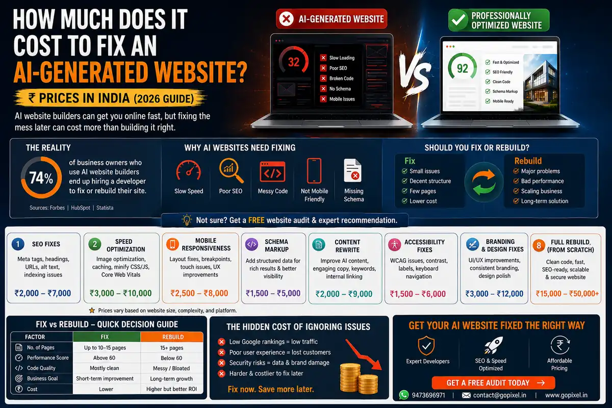 Cost breakdown for fixing an AI-generated website with Indian rupee notes